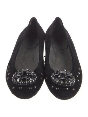 Stuart Weitzman Jill Black Suede Jeweled Studded Ballet Flats 8M Spain